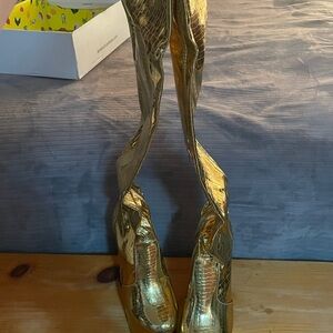 Privileged Shoes Lemon Drop Gold Crocodile Pattern Knee-High Boots